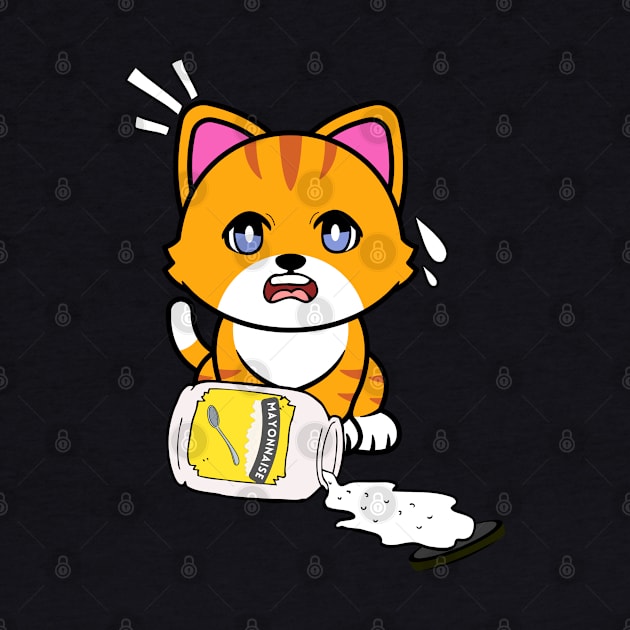 Funny orange cat spilled a jar of mayonnaise by Pet Station